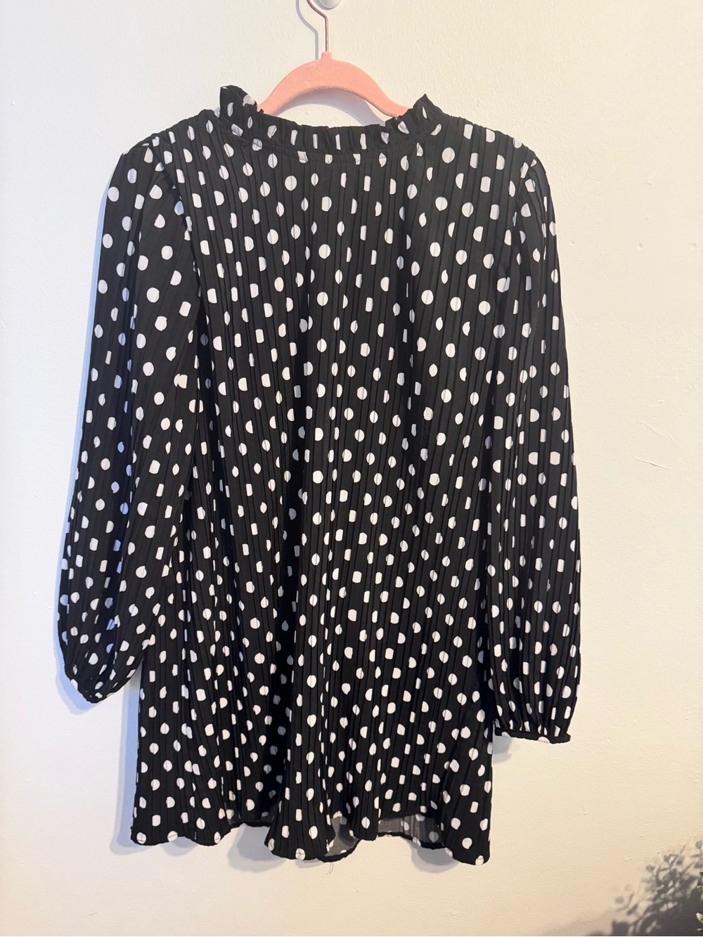 Lulus Black White Polka Dot Pleated Long Sleeve Mock Neck Mini Dress XS